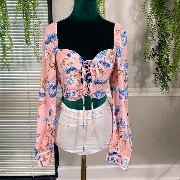 CBR | Floral Print Drawstring Lace Up Crop Top - Picture 1 of 6